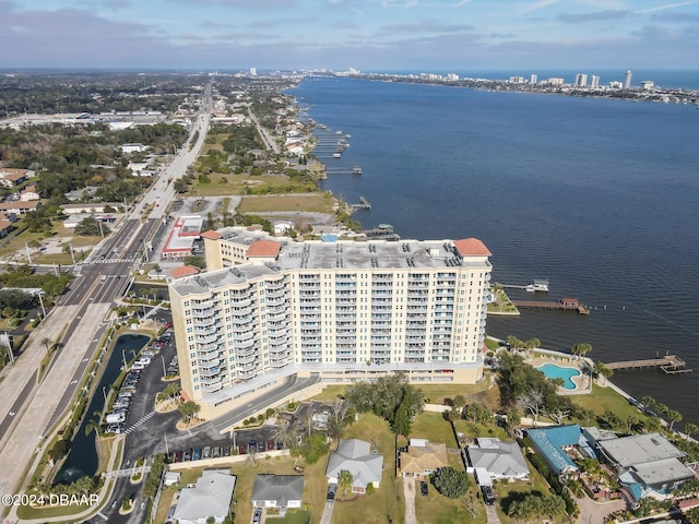 drone / aerial view with a water view