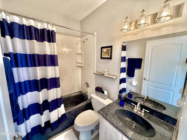1811 N Central Ave, Flagler Beach, FL 32136 - full bathroom featuring vanity, toilet, a textured ceiling, and shower / tub combo with curtain
