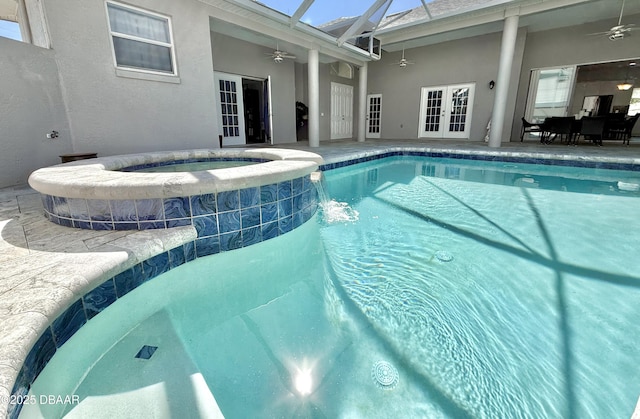 1811 N Central Ave, Flagler Beach, FL 32136 - view of pool with french doors, a ceiling fan, a patio, and a pool with connected hot tub