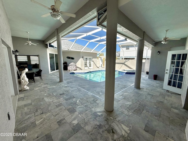 1811 N Central Ave, Flagler Beach, FL 32136 - view of swimming pool featuring a pool with connected hot tub, a patio area, french doors, a ceiling fan, and a lanai