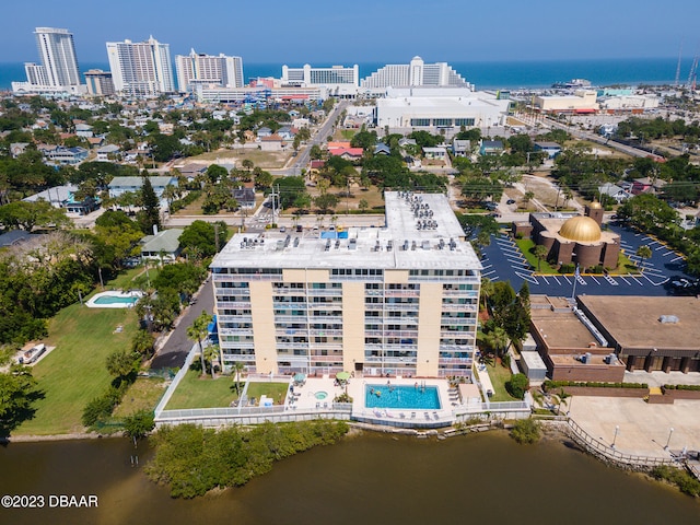 birds eye view of property featuring a water view