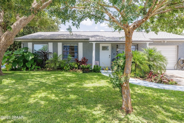 1052 Tompkins Dr, Port Orange, FL 32129 - ranch-style house featuring brick siding, a garage, a front yard, and roof with shingles