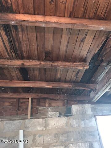 interior details featuring beamed ceiling and wood ceiling