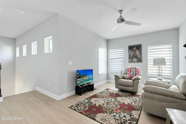 living room featuring a wealth of natural light and light hardwood / wood-style flooring