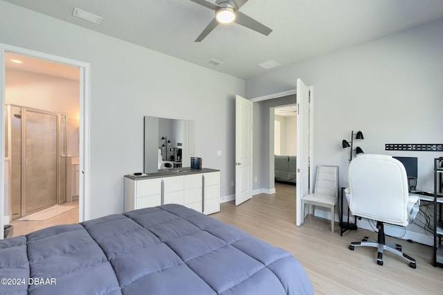 bedroom with ceiling fan and light wood-type flooring