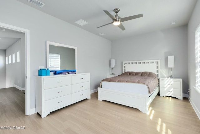 bedroom featuring ceiling fan and light hardwood / wood-style flooring