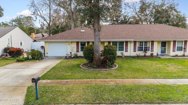 ranch-style house featuring a garage and a front yard