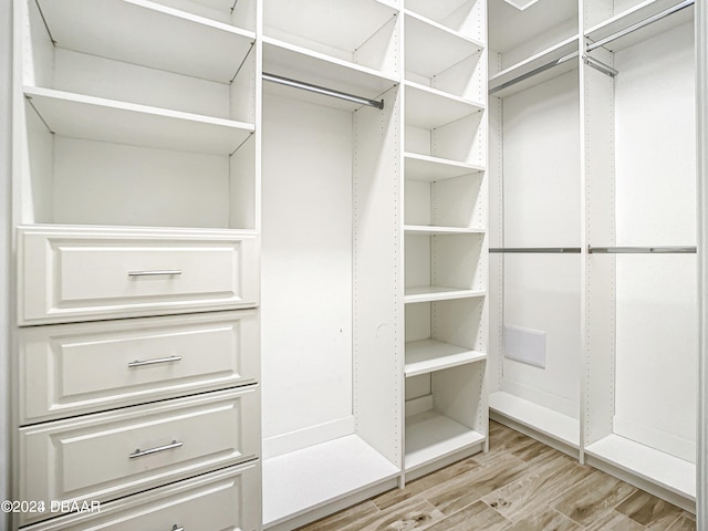 walk in closet with light hardwood / wood-style flooring