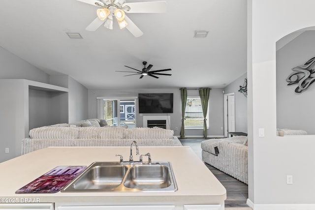 kitchen featuring open floor plan, a sink, and light countertops