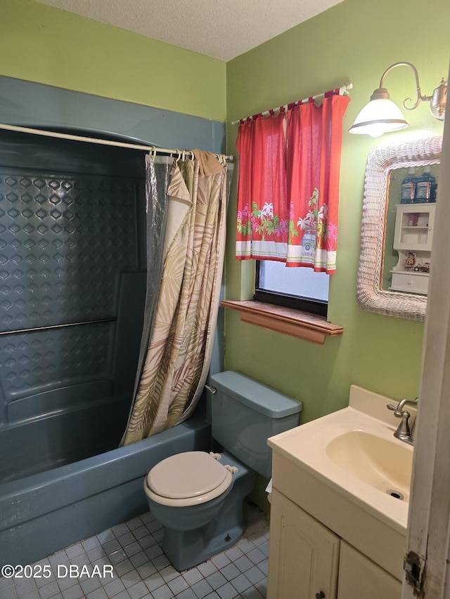 bathroom with tile patterned flooring, shower / bathtub combination with curtain, toilet, vanity, and a textured ceiling