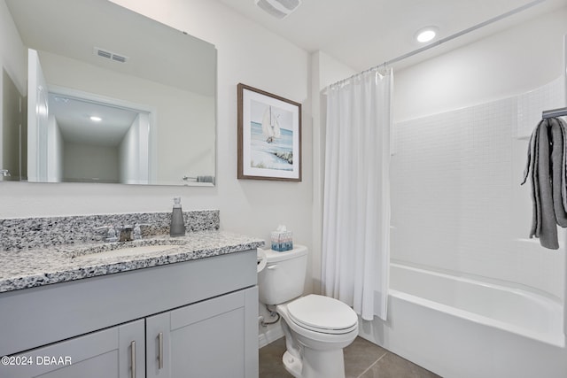 full bath featuring visible vents, toilet, vanity, and tile patterned flooring