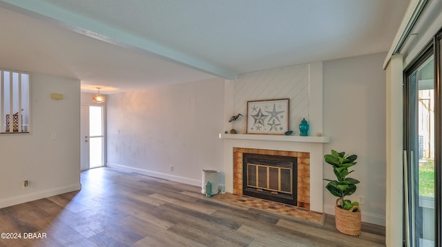 living room with a fireplace, a healthy amount of sunlight, and wood-type flooring