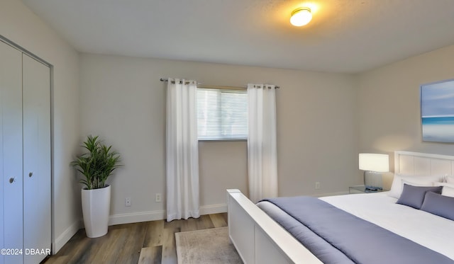 bedroom with wood-type flooring and a closet