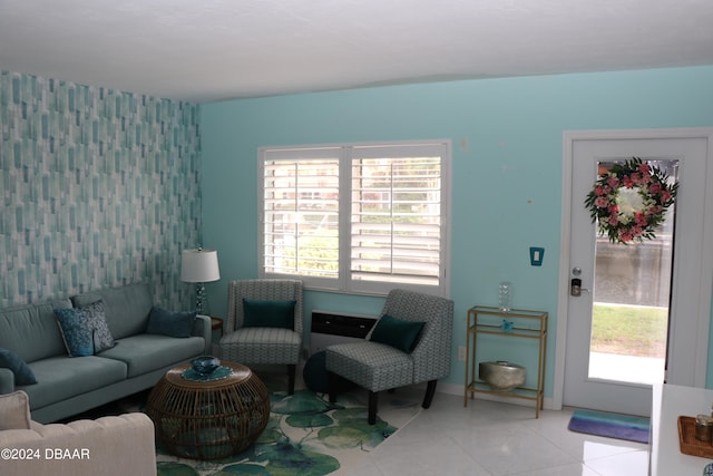 living room featuring light tile patterned floors