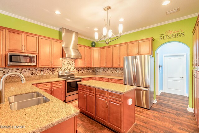 20 Promenade At Lionspaw, Daytona Beach, FL 32124 - kitchen with a sink, ornamental molding, wall chimney exhaust hood, and stainless steel appliances