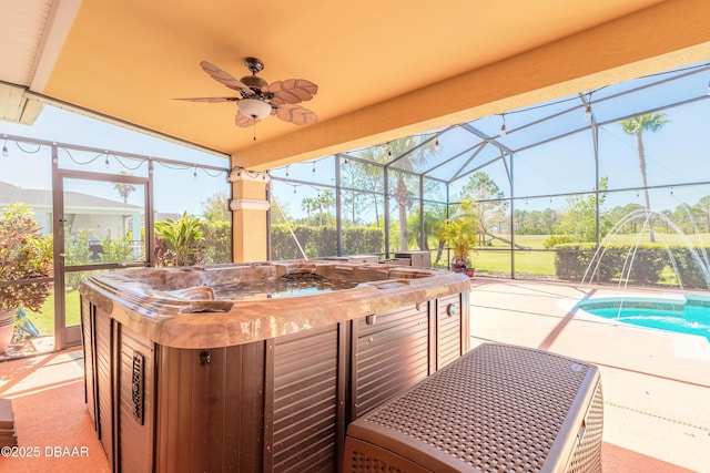 20 Promenade At Lionspaw, Daytona Beach, FL 32124 - view of patio featuring an outdoor pool, a lanai, a ceiling fan, and a hot tub