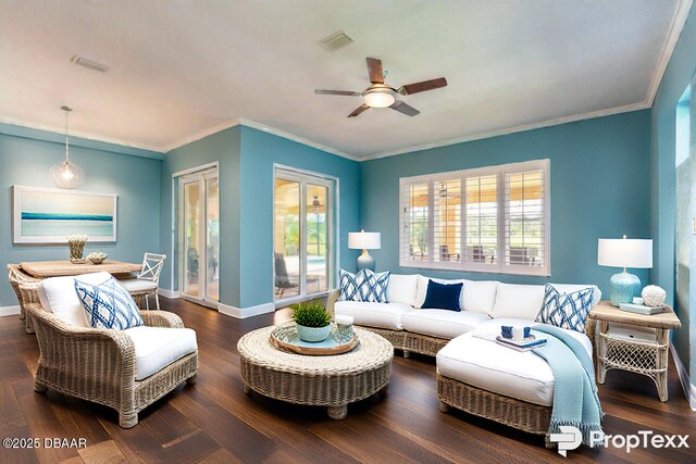 20 Promenade At Lionspaw, Daytona Beach, FL 32124 - living room with wood finished floors, a ceiling fan, visible vents, and baseboards