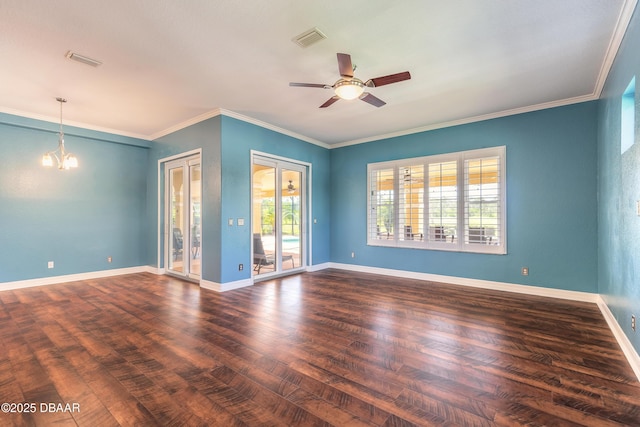 20 Promenade At Lionspaw, Daytona Beach, FL 32124 - unfurnished room featuring visible vents, baseboards, ornamental molding, ceiling fan with notable chandelier, and wood finished floors