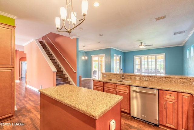 20 Promenade At Lionspaw, Daytona Beach, FL 32124 - kitchen featuring visible vents, ornamental molding, a sink, stainless steel dishwasher, and a center island