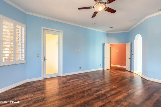 20 Promenade At Lionspaw, Daytona Beach, FL 32124 - empty room with wood finished floors, baseboards, a ceiling fan, arched walkways, and ornamental molding