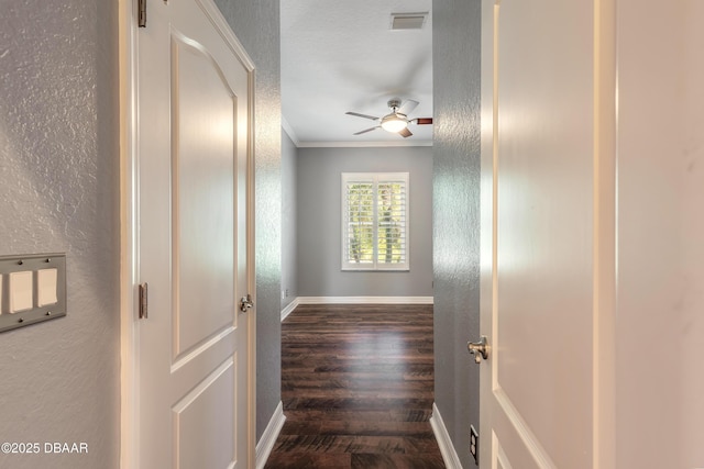 20 Promenade At Lionspaw, Daytona Beach, FL 32124 - hall featuring visible vents, baseboards, a textured wall, ornamental molding, and wood finished floors