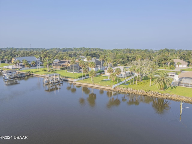 drone / aerial view featuring a water view