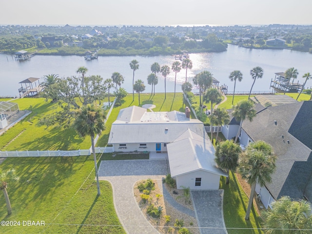 aerial view featuring a water view