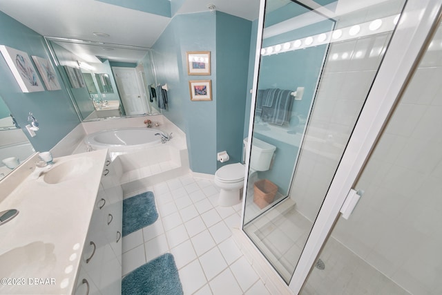 full bathroom with toilet, vanity, plus walk in shower, and tile patterned flooring