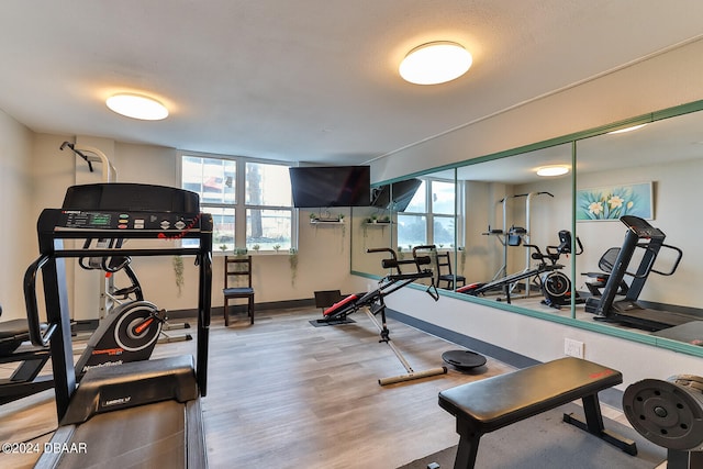 gym featuring a textured ceiling and hardwood / wood-style flooring