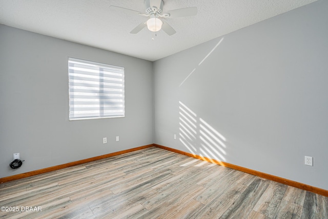 unfurnished room featuring a textured ceiling, light hardwood / wood-style floors, and ceiling fan