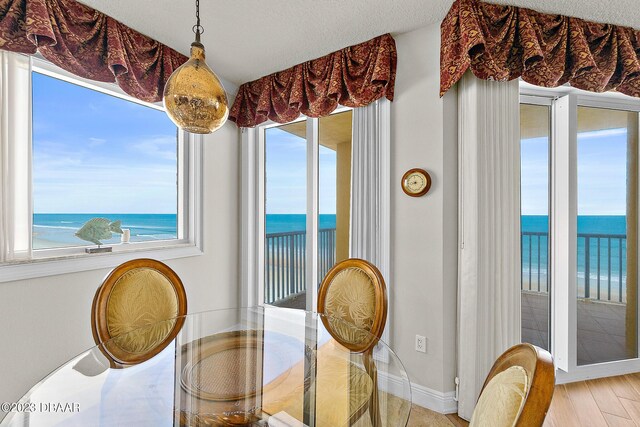 dining space with a water view, baseboards, and wood finished floors