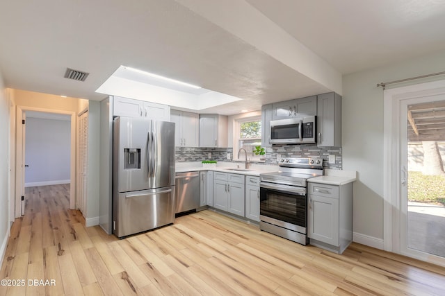 kitchen featuring sink, gray cabinets, decorative backsplash, appliances with stainless steel finishes, and light wood-type flooring