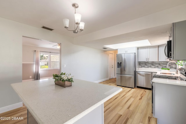 kitchen with stainless steel appliances, pendant lighting, light hardwood / wood-style floors, decorative backsplash, and a kitchen island