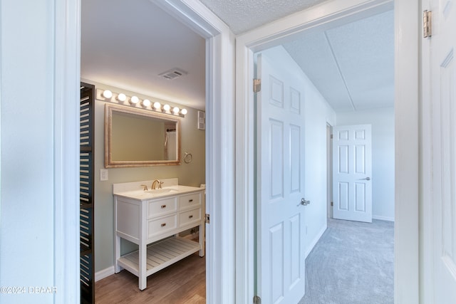 bathroom featuring a textured ceiling, vanity, hardwood / wood-style flooring, and lofted ceiling