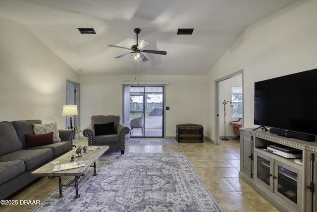 1408 Mollie Rd, Daytona Beach, FL 32114 - living area with lofted ceiling, ceiling fan, and light tile patterned floors