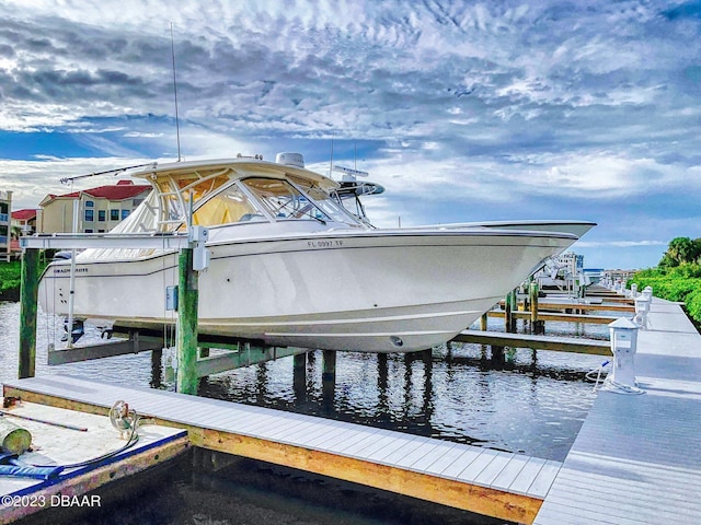 view of dock with a water view