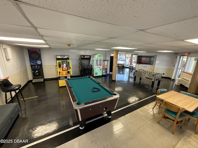 rec room featuring pool table, a paneled ceiling, and baseboards