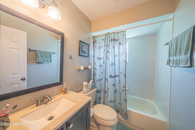 full bathroom with toilet, shower / bath combo, and vanity