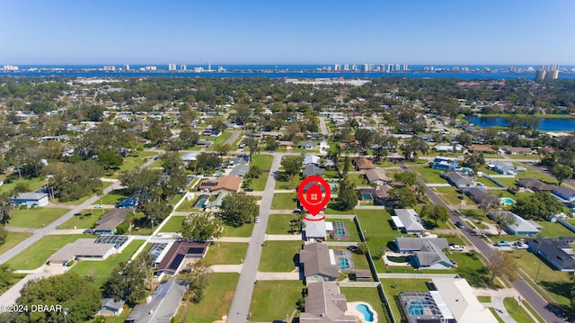 aerial view featuring a water view