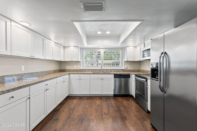 kitchen featuring a tray ceiling, white cabinetry, stainless steel appliances, and dark hardwood / wood-style floors