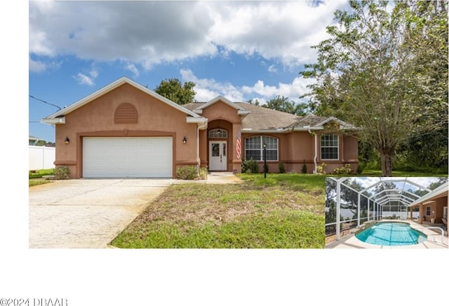 single story home with a garage and a front lawn