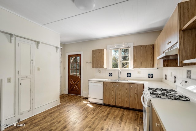 kitchen featuring sink, white appliances, dark wood-type flooring, and decorative backsplash