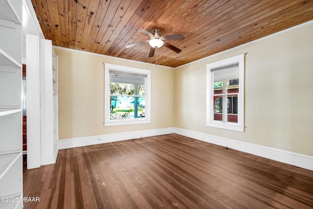 spare room with wood ceiling, ceiling fan, and wood-type flooring