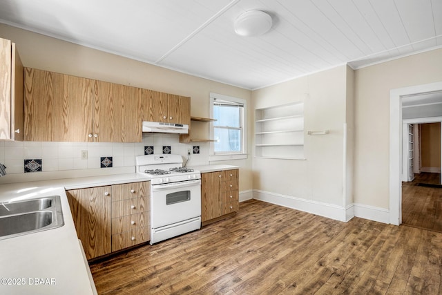 kitchen featuring sink, dark wood-type flooring, built in features, tasteful backsplash, and white gas range