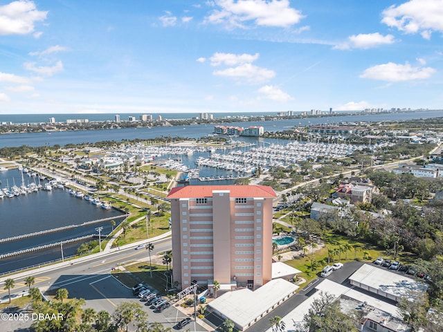 drone / aerial view featuring a water view