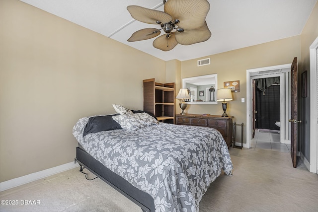 bedroom with ceiling fan and ensuite bathroom