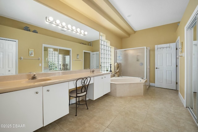 bathroom with vanity, tile patterned floors, and separate shower and tub