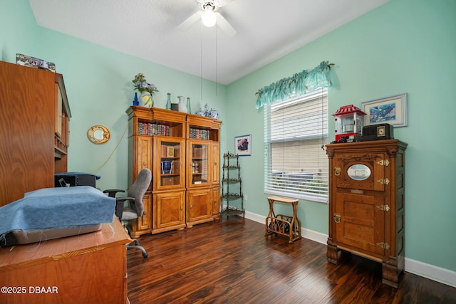 office featuring dark hardwood / wood-style flooring and ceiling fan