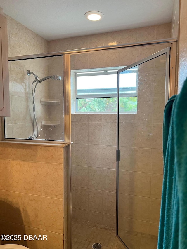 bathroom featuring a shower with shower door