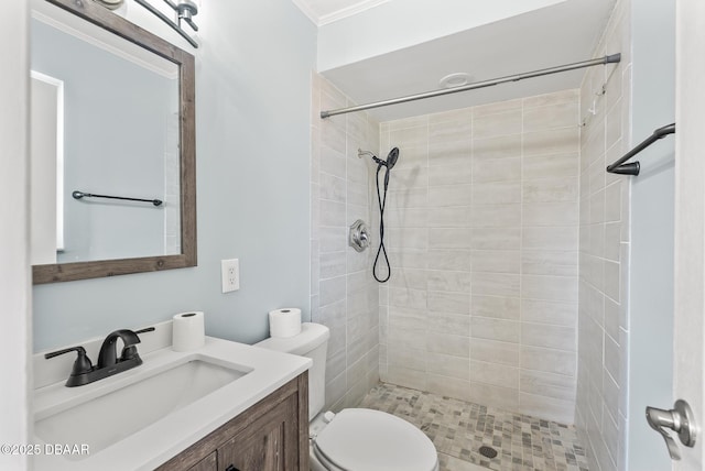 bathroom with tiled shower, vanity, and toilet